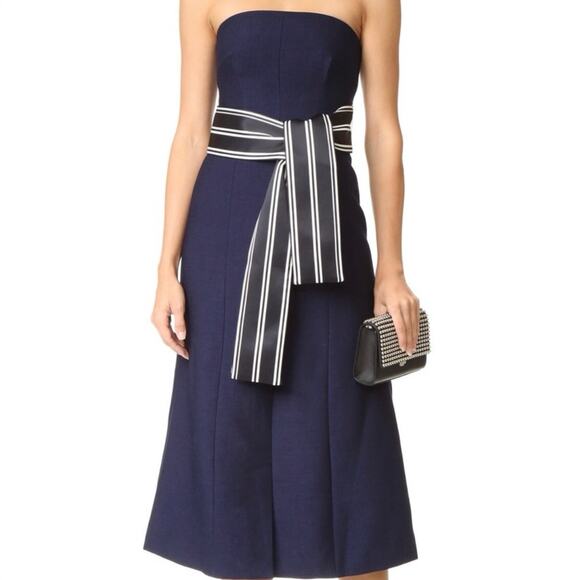 NWT C/MEO Right Hand Dress Size S Navy Blue Strapless Stripe Midi Occasion Party